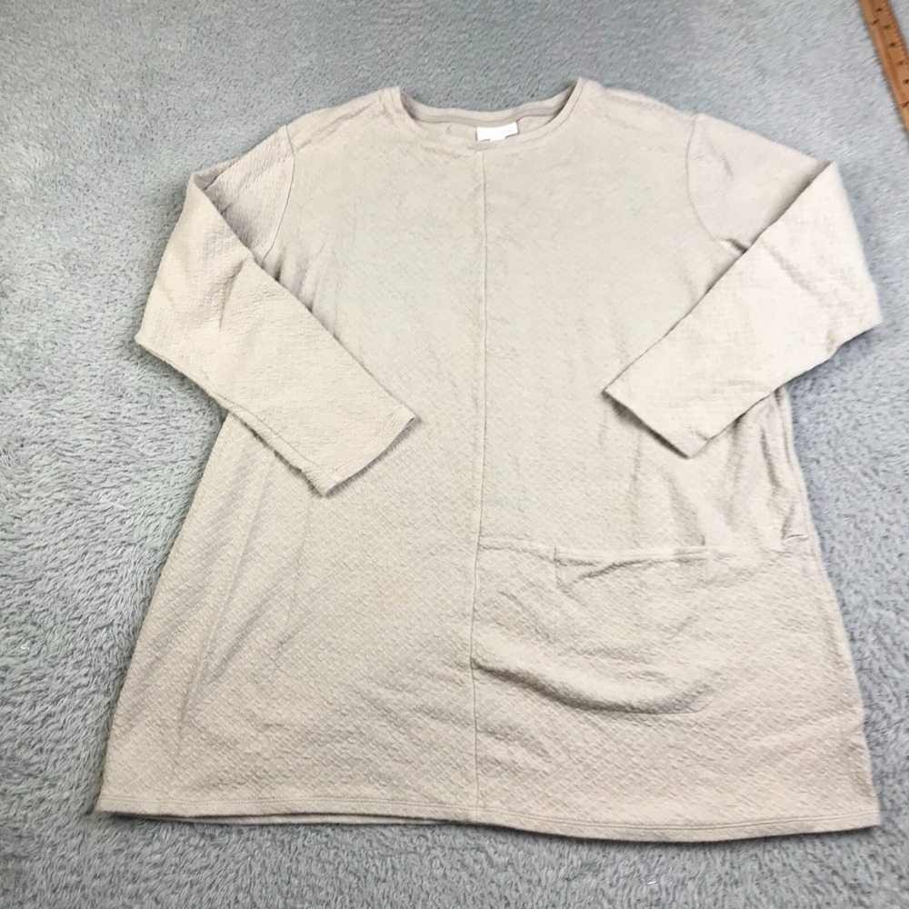 J Jill Sweater Womens 1X Biege Quilted Lagenlook Pocket Stretch Crew Neck Tunic